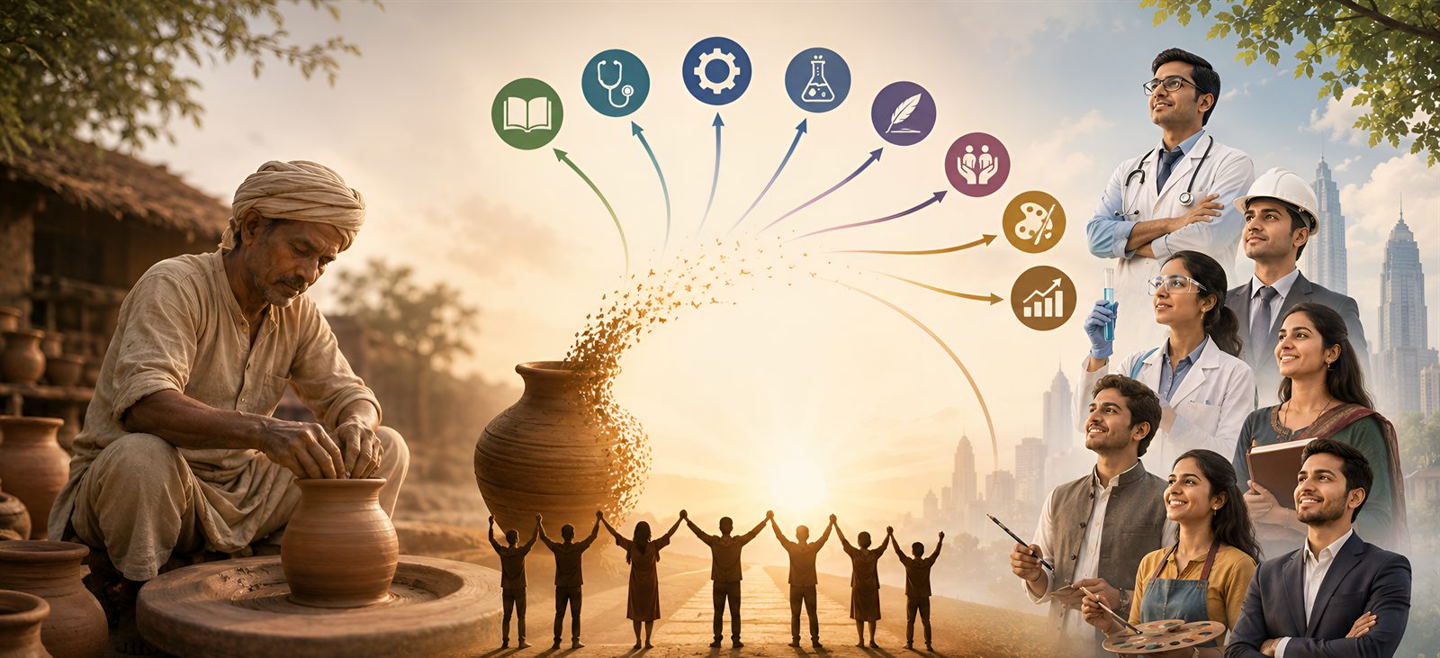 The Kumbhkar journey — from an elder at the potter's wheel to a new generation in education, health, technology, art and enterprise.